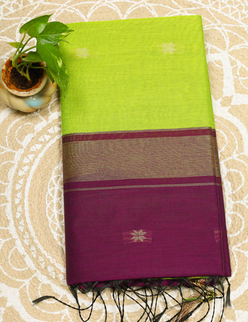 Leaf Green With dark Pink Makeshwari Silk Cotton Sarees