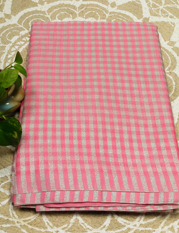 Pink With White Checked Banarasi Tissue Silk Sarees
