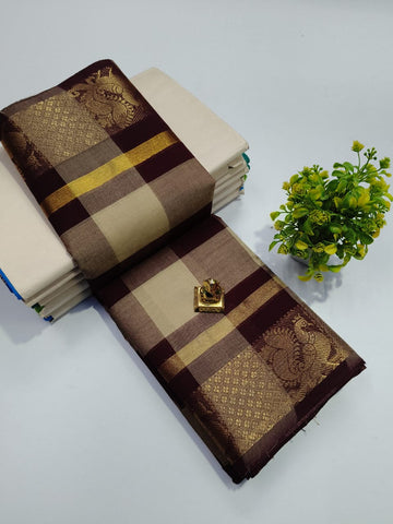Big Checked Brown With Sandel Chettinadu Cotton Sarees