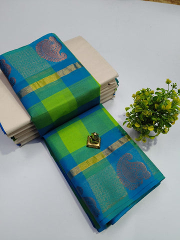 Big Checked Green With Blue Chettinadu Cotton Sarees