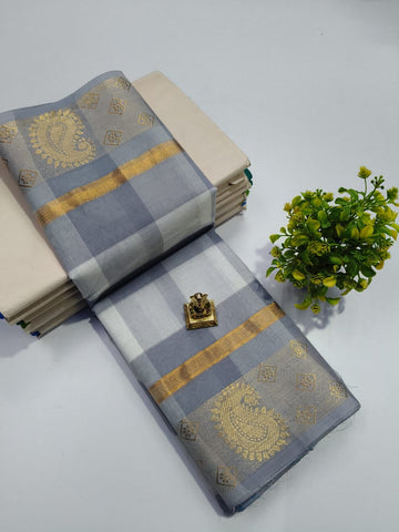 Big Checked White With Gray Chettinadu Cotton Sarees