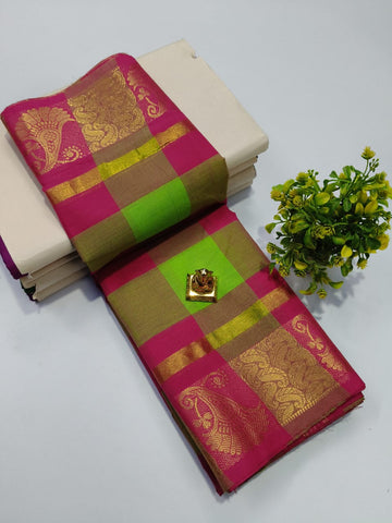 Big Checked Green With Pink Chettinadu Cotton Sarees