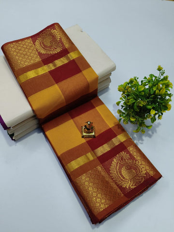 Big Checked Yellow With Red Chettinadu Cotton Sarees