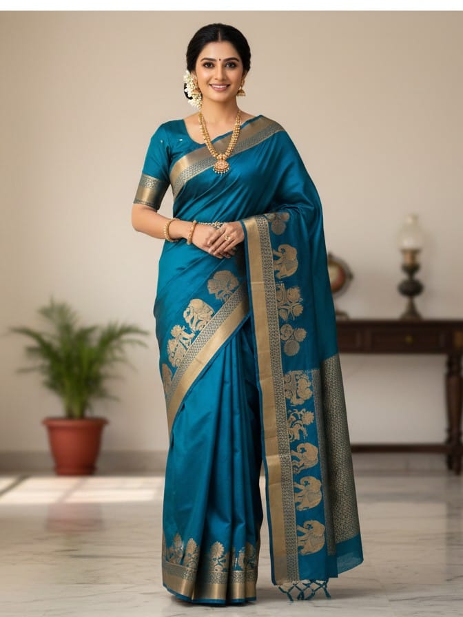 Elephant Design Semi Kanjipuram Soft Silk Sarees