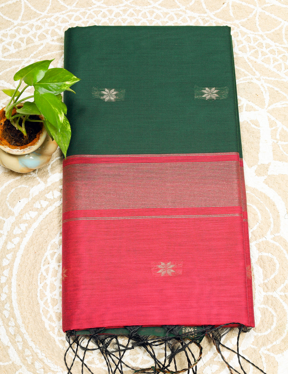 Bottle Green With Rani Pink Makeshwari Silk Cotton Sarees