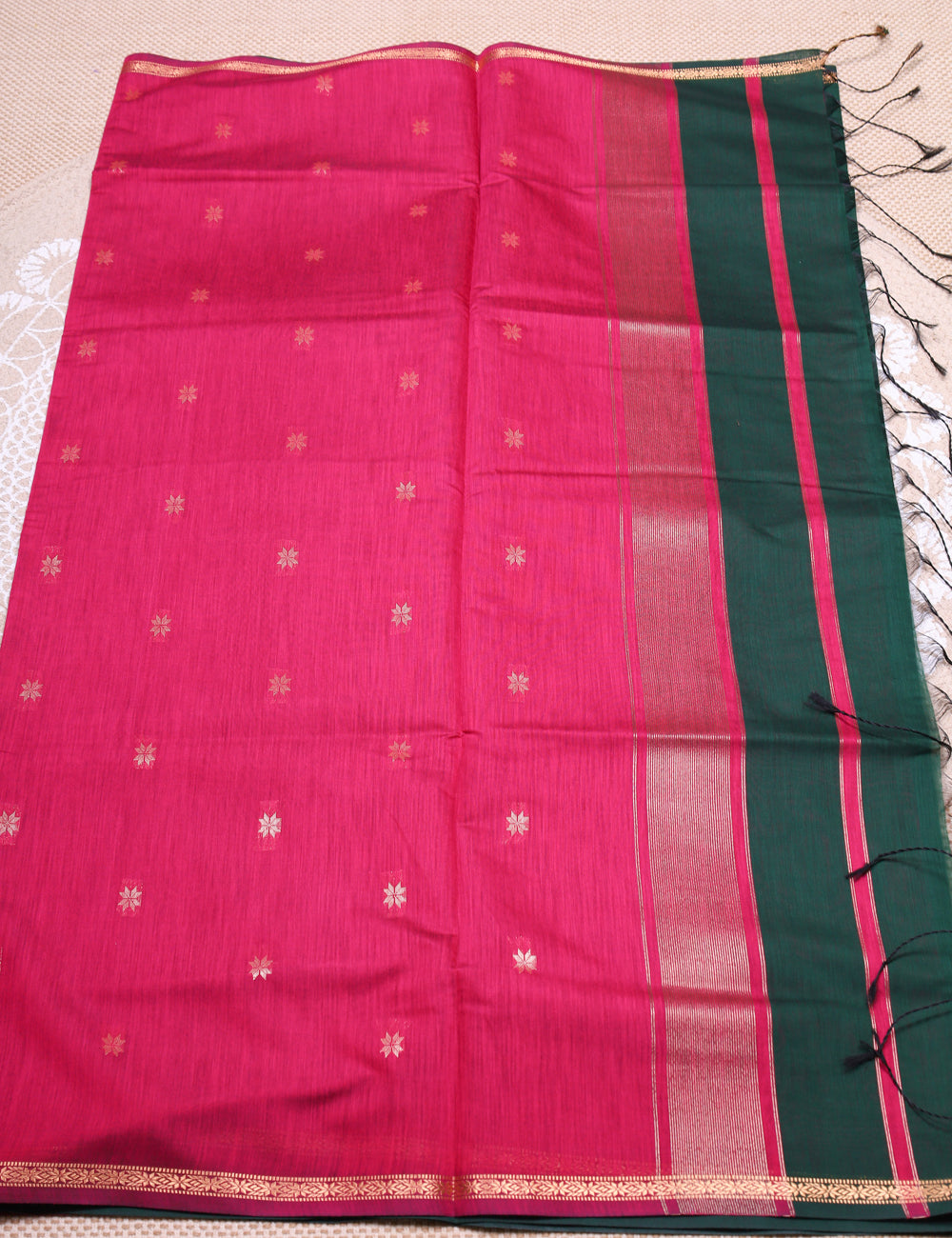 Bottle Green With Rani Pink Makeshwari Silk Cotton Sarees