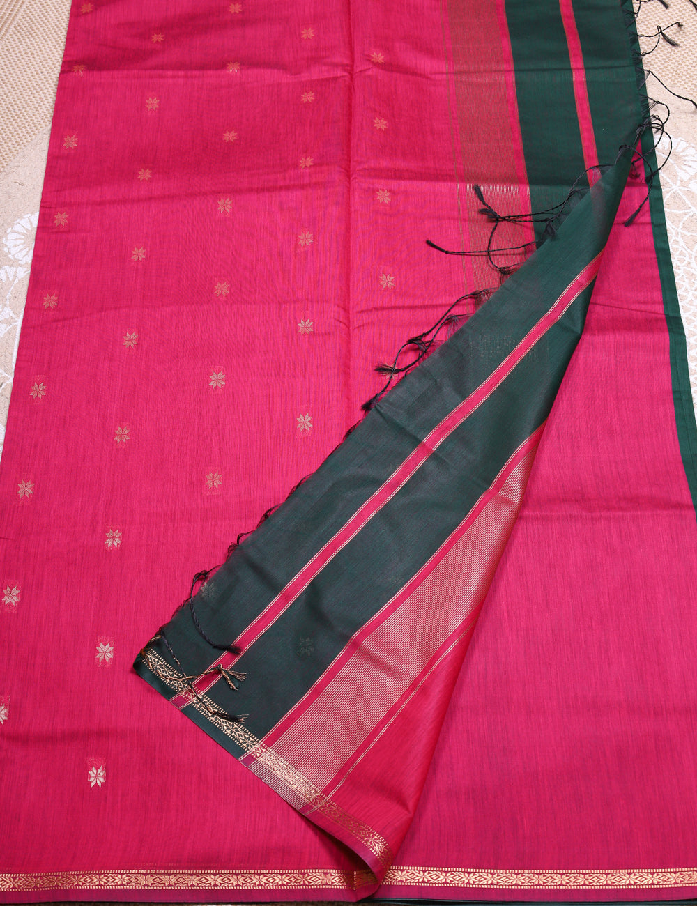 Bottle Green With Rani Pink Makeshwari Silk Cotton Sarees