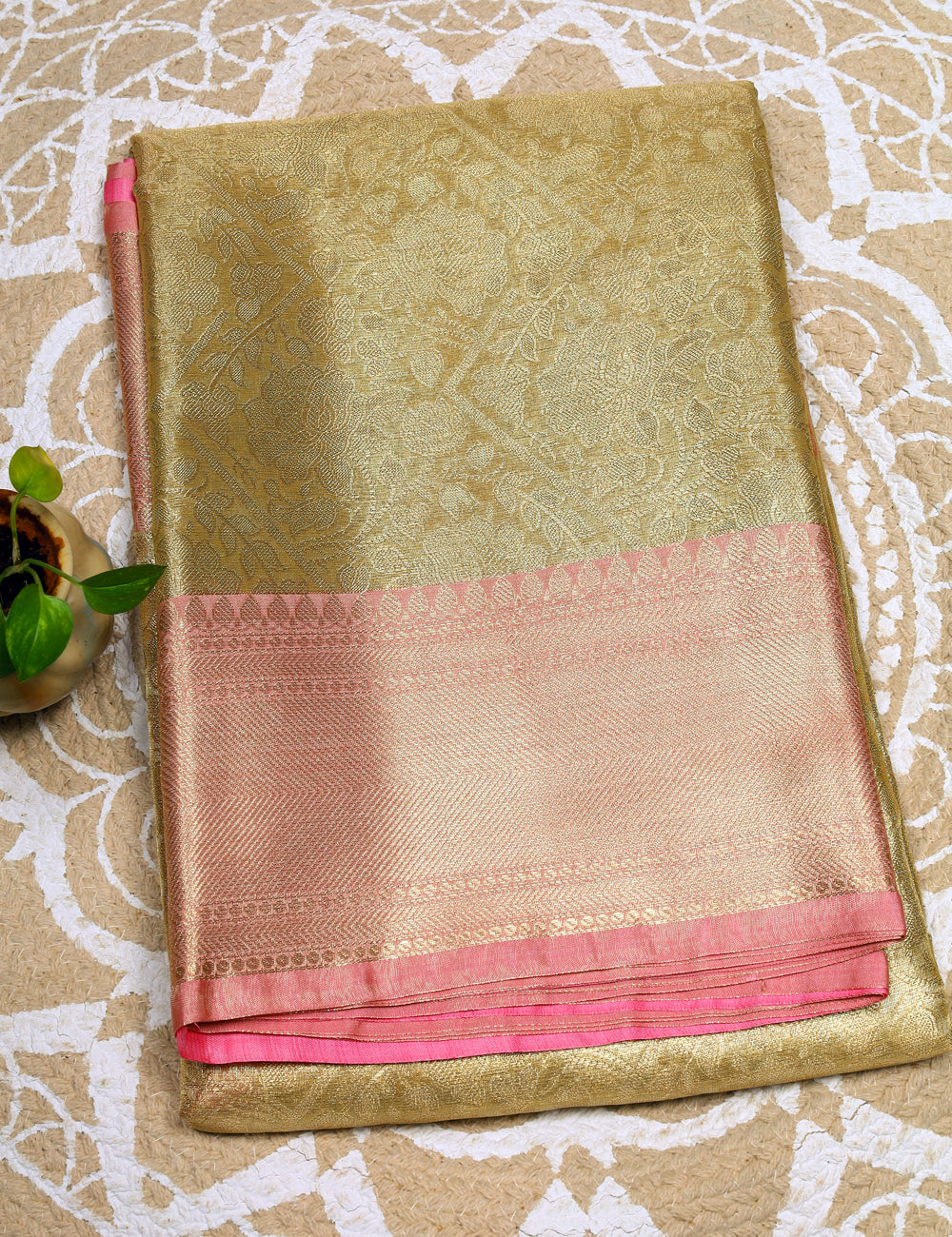 Gold With Pink Banarasi Tissue Silk Sarees