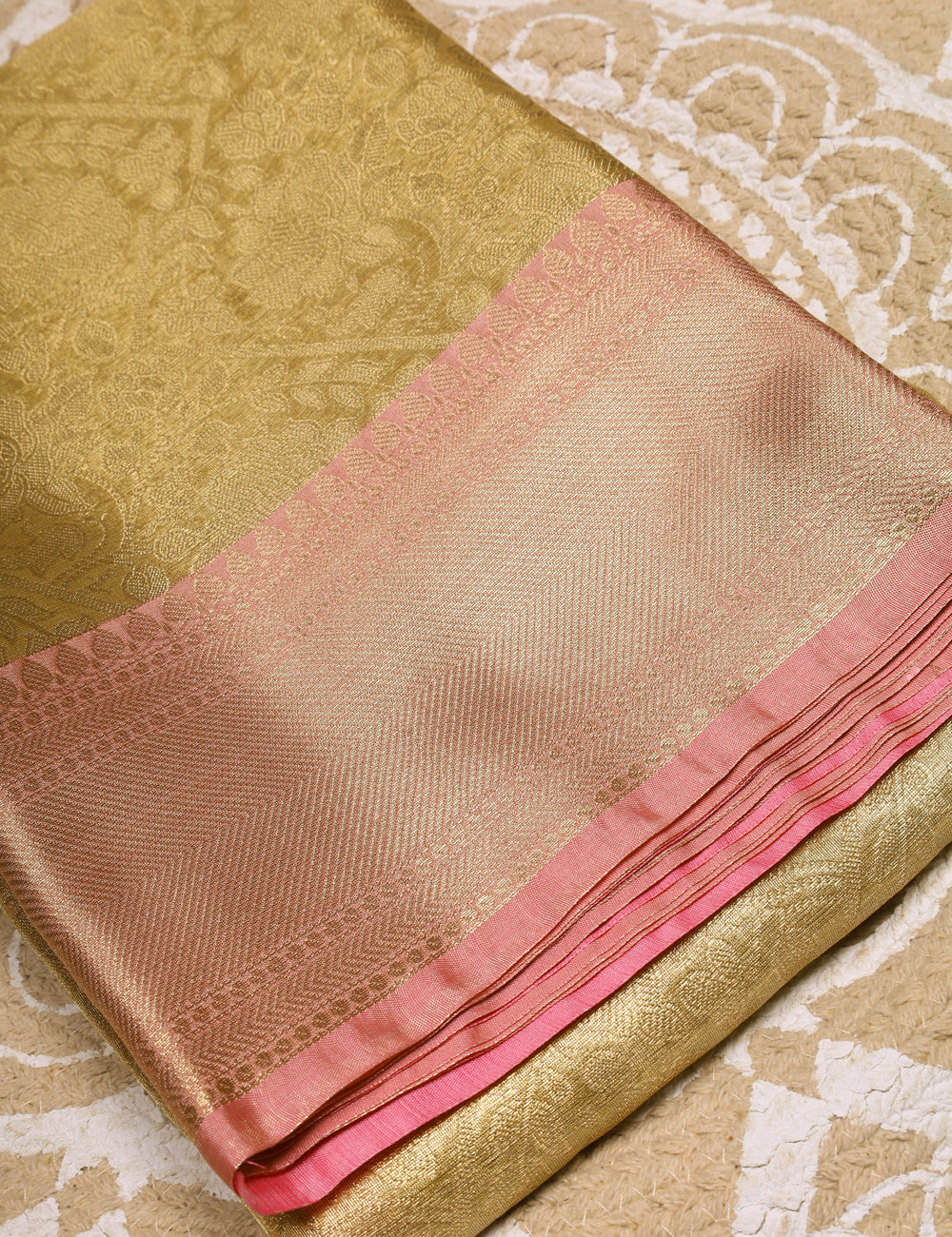 Gold With Pink Banarasi Tissue Silk Sarees