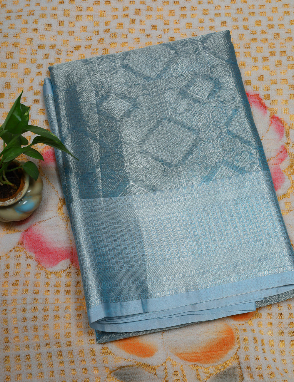 White With Sky Blue Banarasi Tissue Silk Saree