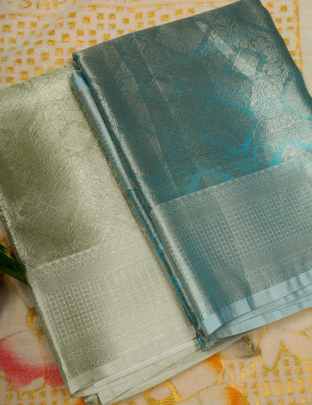 White With Sky Blue Banarasi Tissue Silk Saree