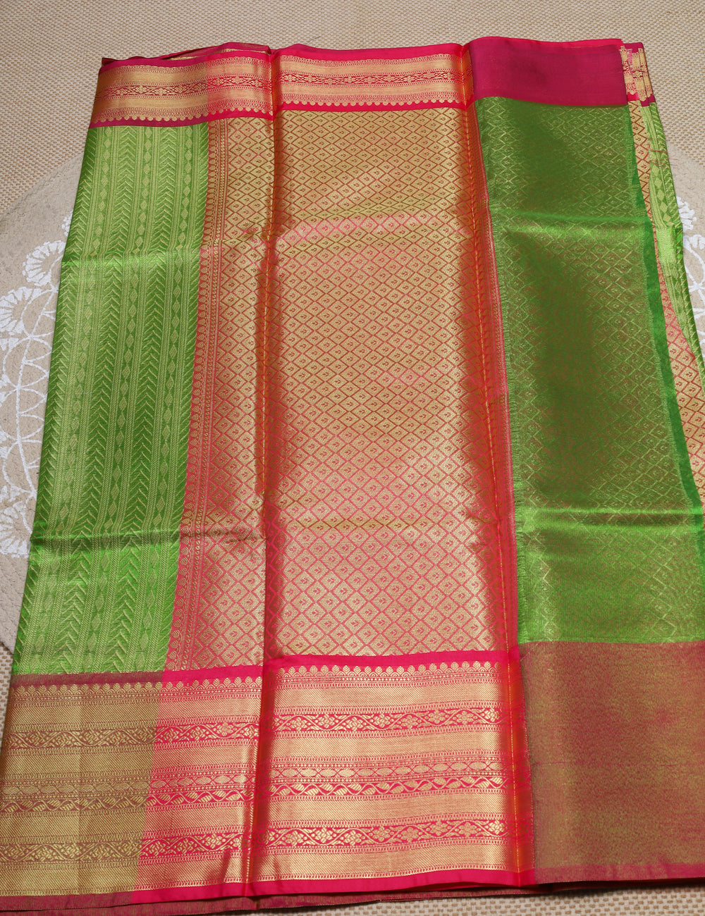 Green With Rani Pink Banarasi Tissue Silk Sarees