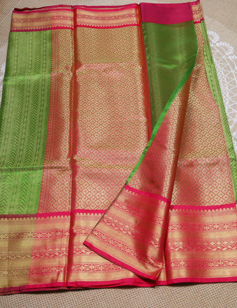 Green With Rani Pink Banarasi Tissue Silk Sarees