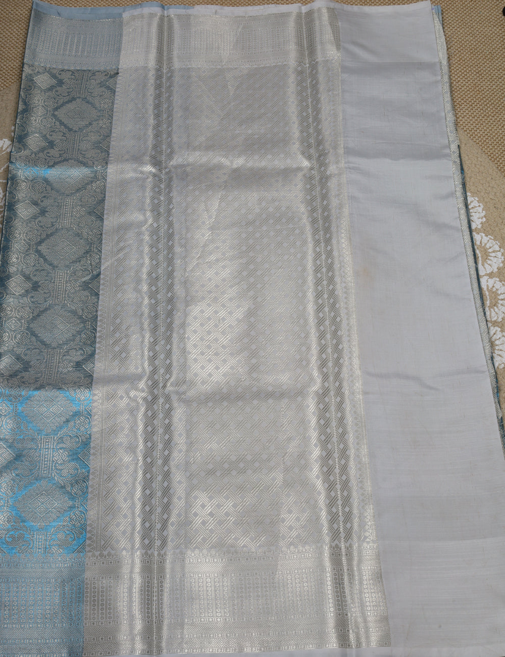 White With Sky Blue Banarasi Tissue Silk Saree