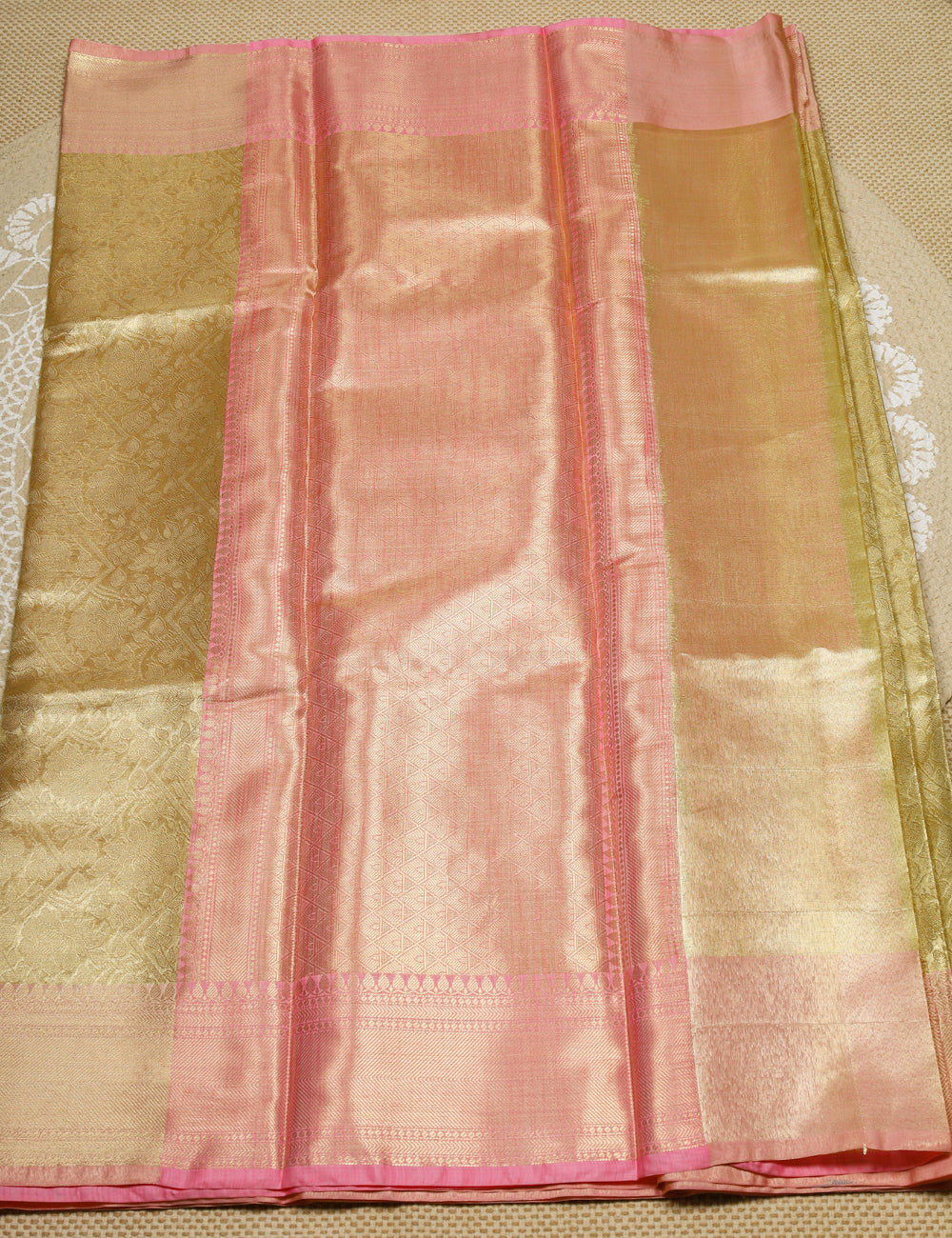 Gold With Pink Banarasi Tissue Silk Sarees