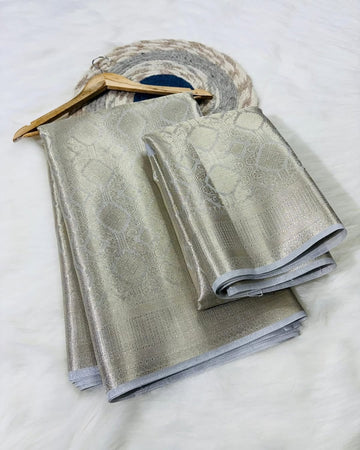 White With Sky Blue Banarasi Tissue Silk Saree